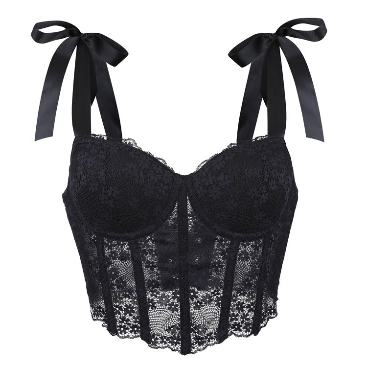 Black Lace Bow-Strap Bustier Top