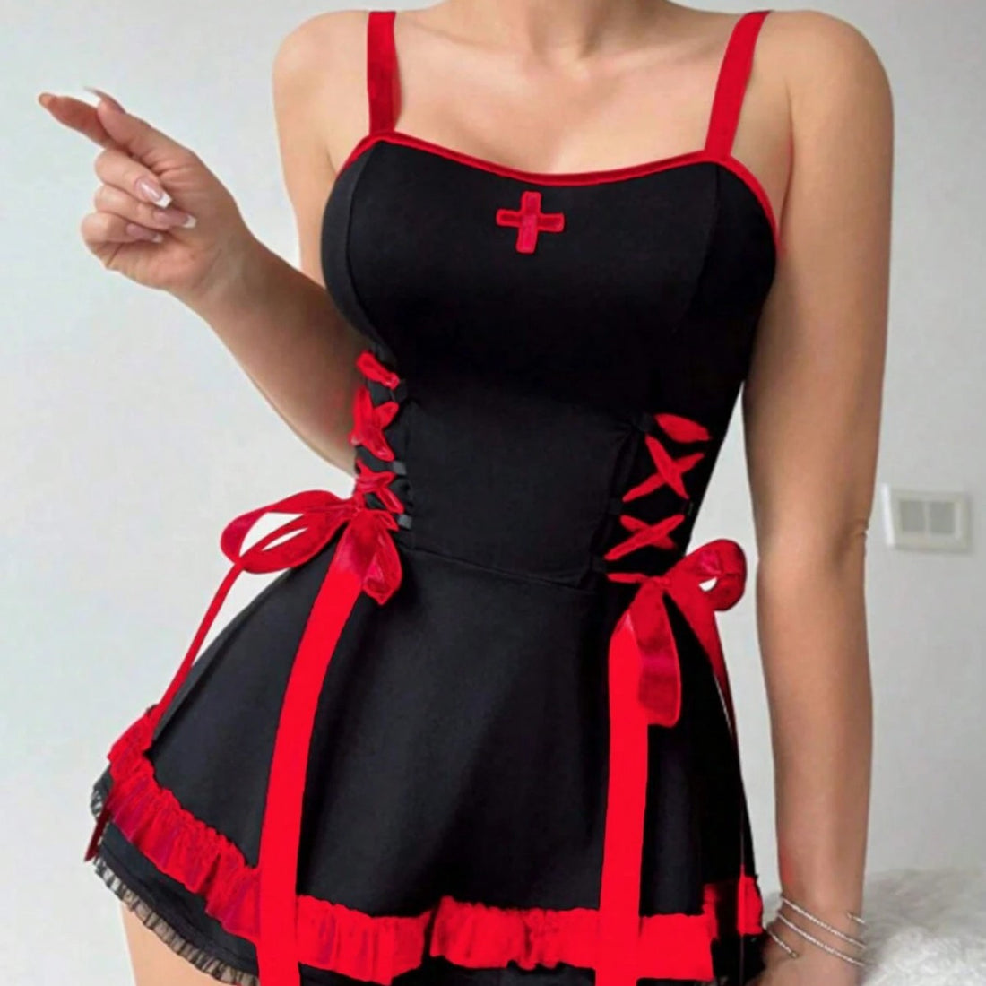 Black Red Nurse Lingerie Dress Set, alternate view 2