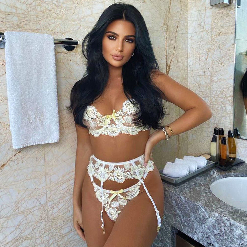Floral embroidered bra and garter lingerie set with soft color options - alternate view