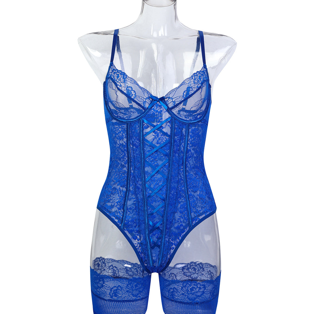Blue Lace Strappy Teddy Bodysuit - Styled View