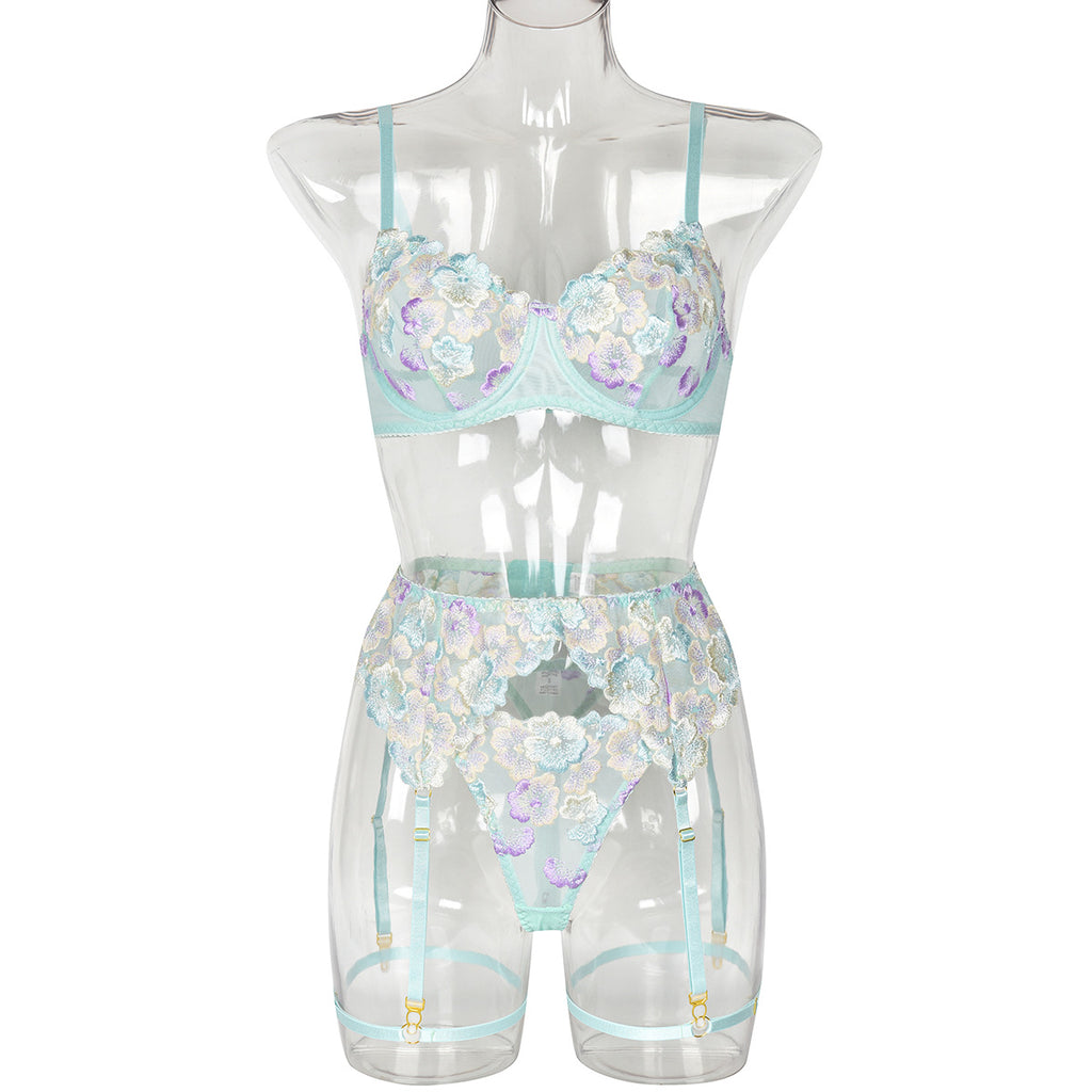 Lace Floral Lace Garter Lingerie Set - Alternate View