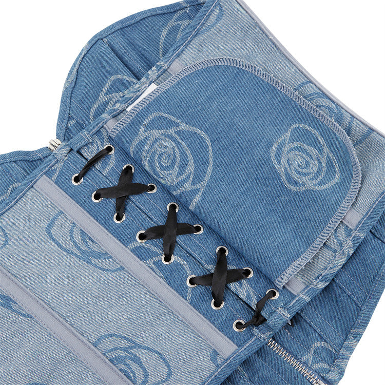 Blue Rose Print Strapless Corset Top, alternate view 4
