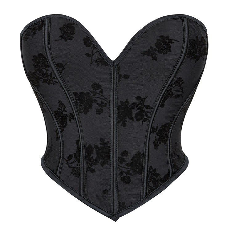 Black Rose Print Strapless Corset Top