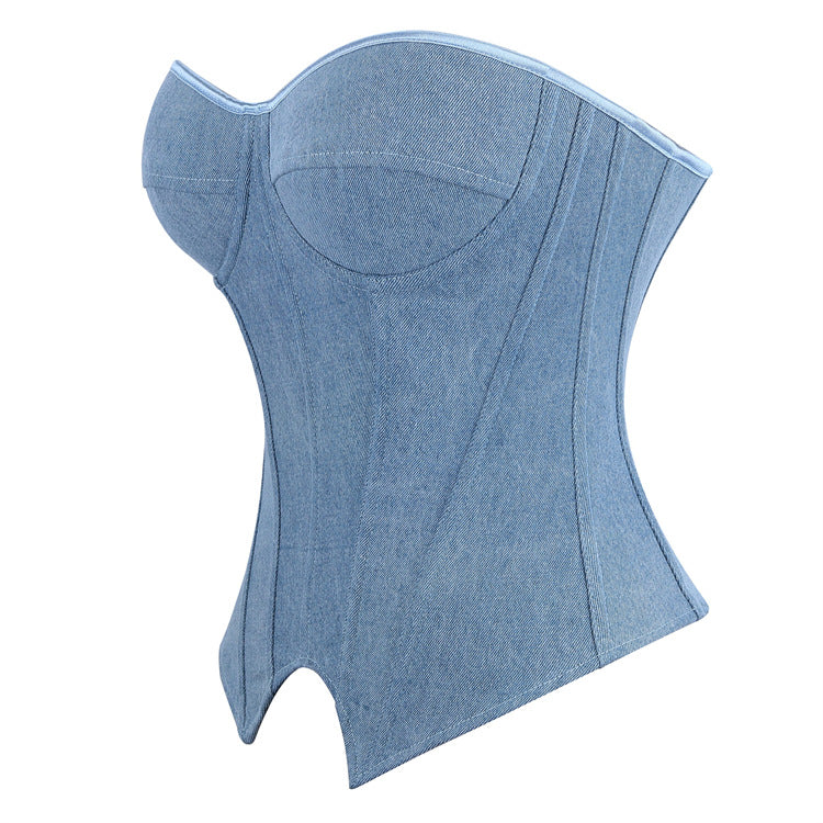 Blue Denim-Look Strapless Corset Top, alternate view 2