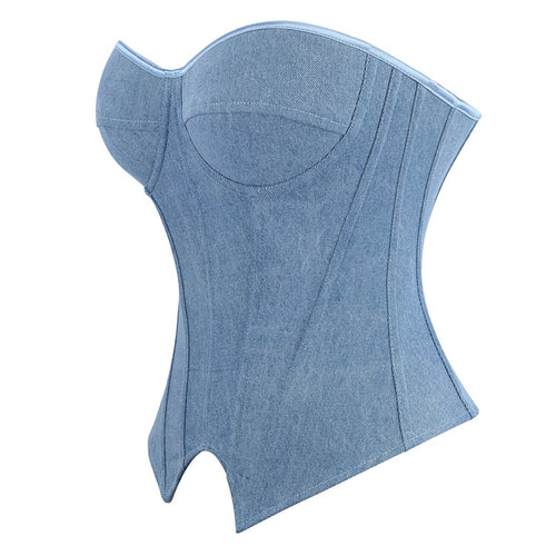 Blue Denim-Look Strapless Corset Top, alternate view 2