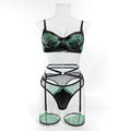 Green Floral Embroidered Three-Piece Lingerie Set - Styled View