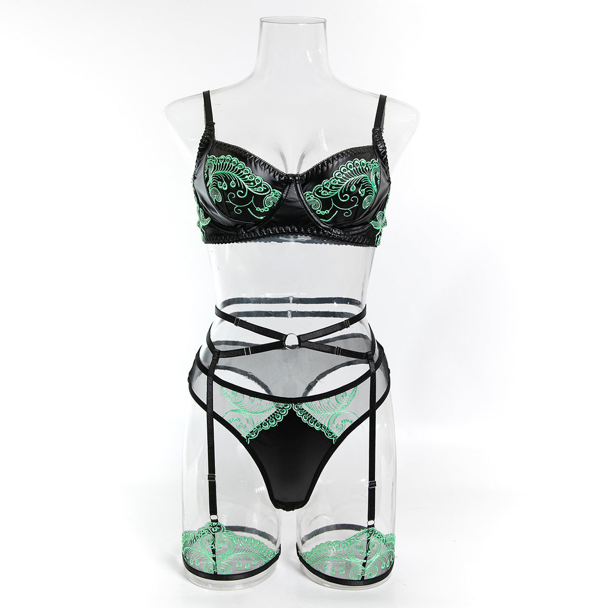Green Floral Embroidered Three-Piece Lingerie Set - Styled View