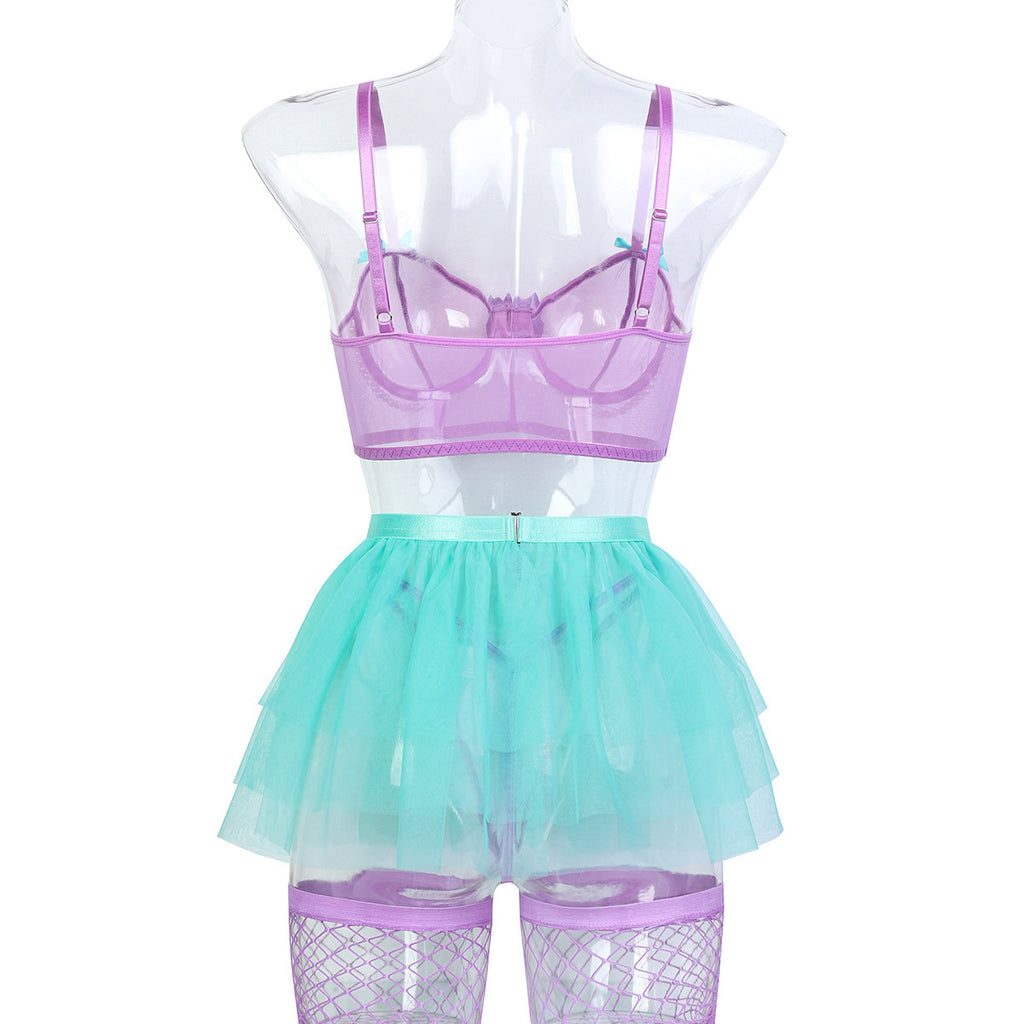 Light Purple Bow Detail Three-Piece Lingerie Set - Styled View