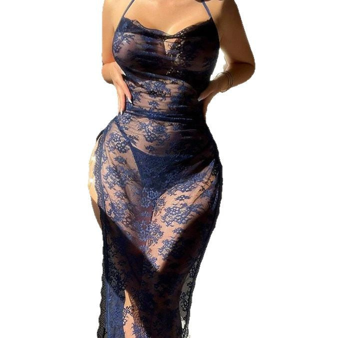 Navy Lace High-Slit Chemise Nightdress, alternate view 5