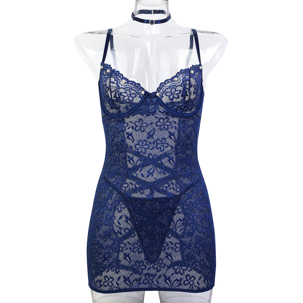 Navy Blue Pearl Detail Chemise Nightdress - Styled View