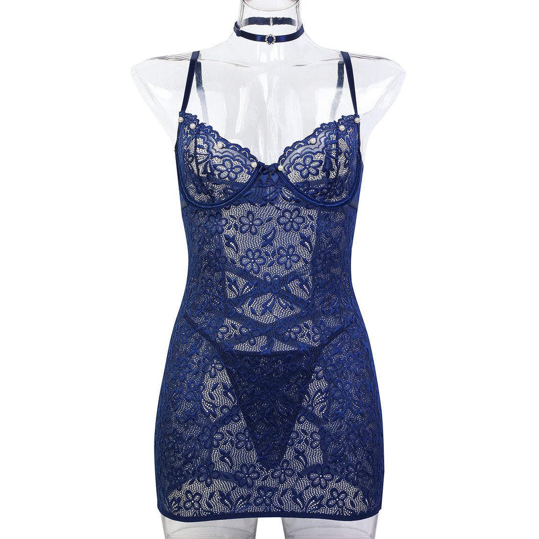 Navy Blue Pearl Detail Chemise Nightdress - Styled View