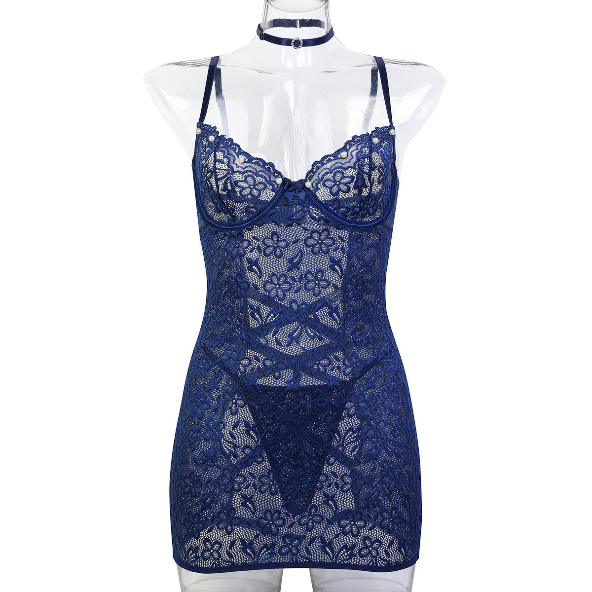Navy Blue Pearl Detail Chemise Nightdress - Styled View