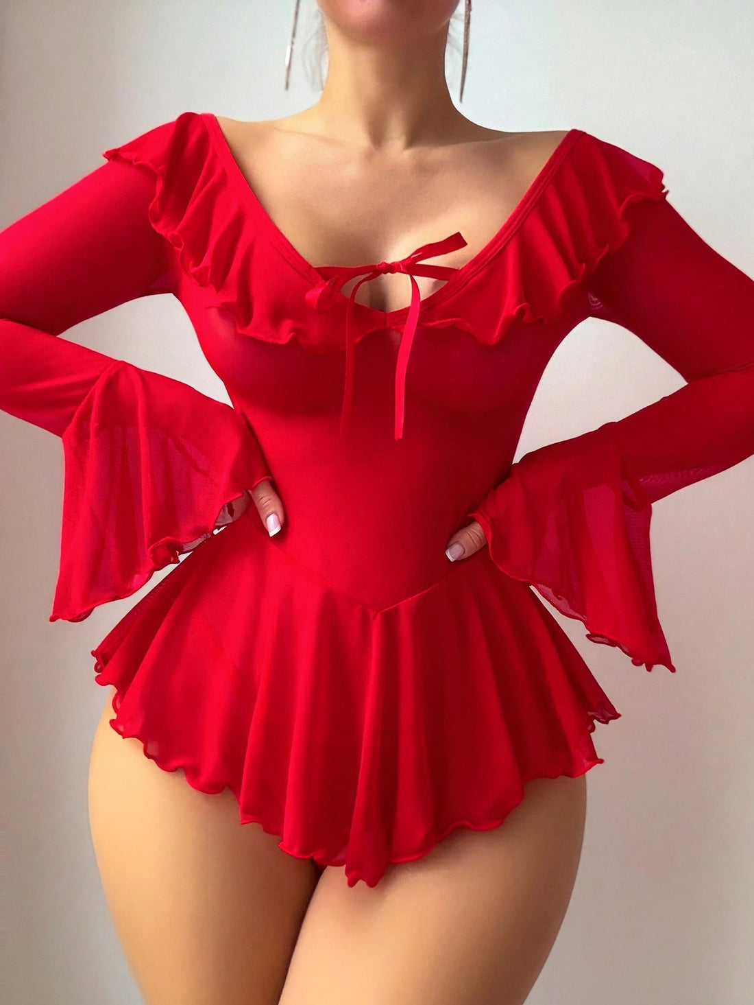 Red Ruffle Long-Sleeve Chemise Nightdress, alternate view 7