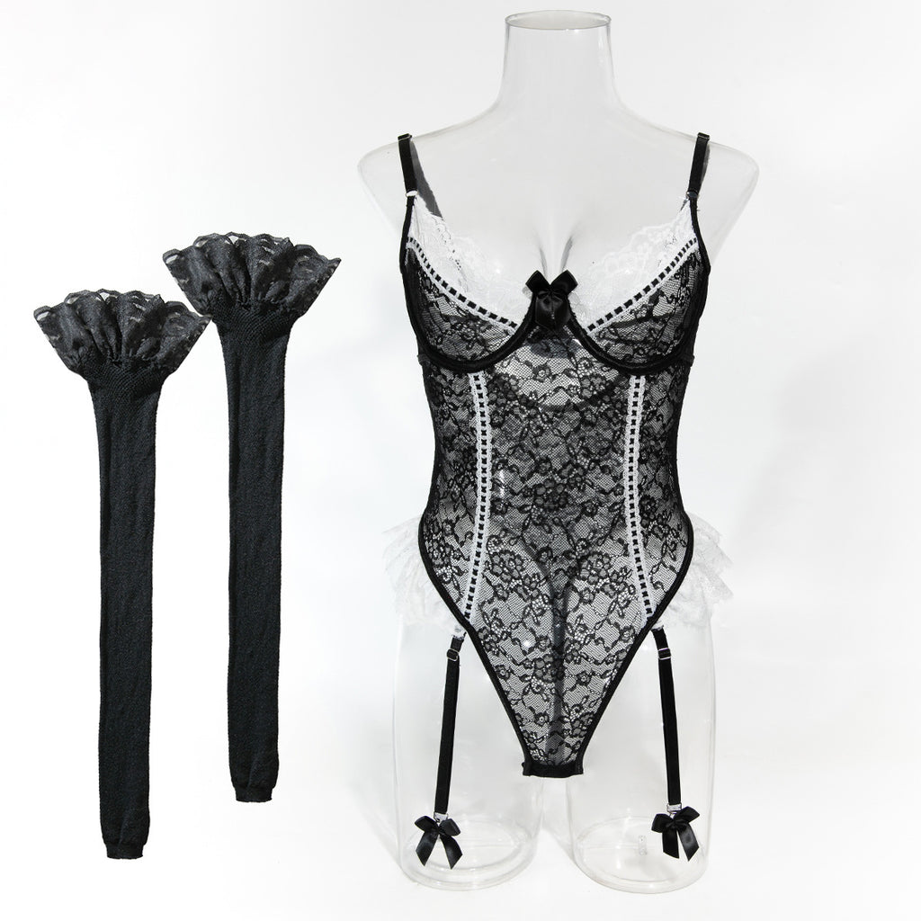 Navy Blue Floral Lace Lingerie Set - Alternate View