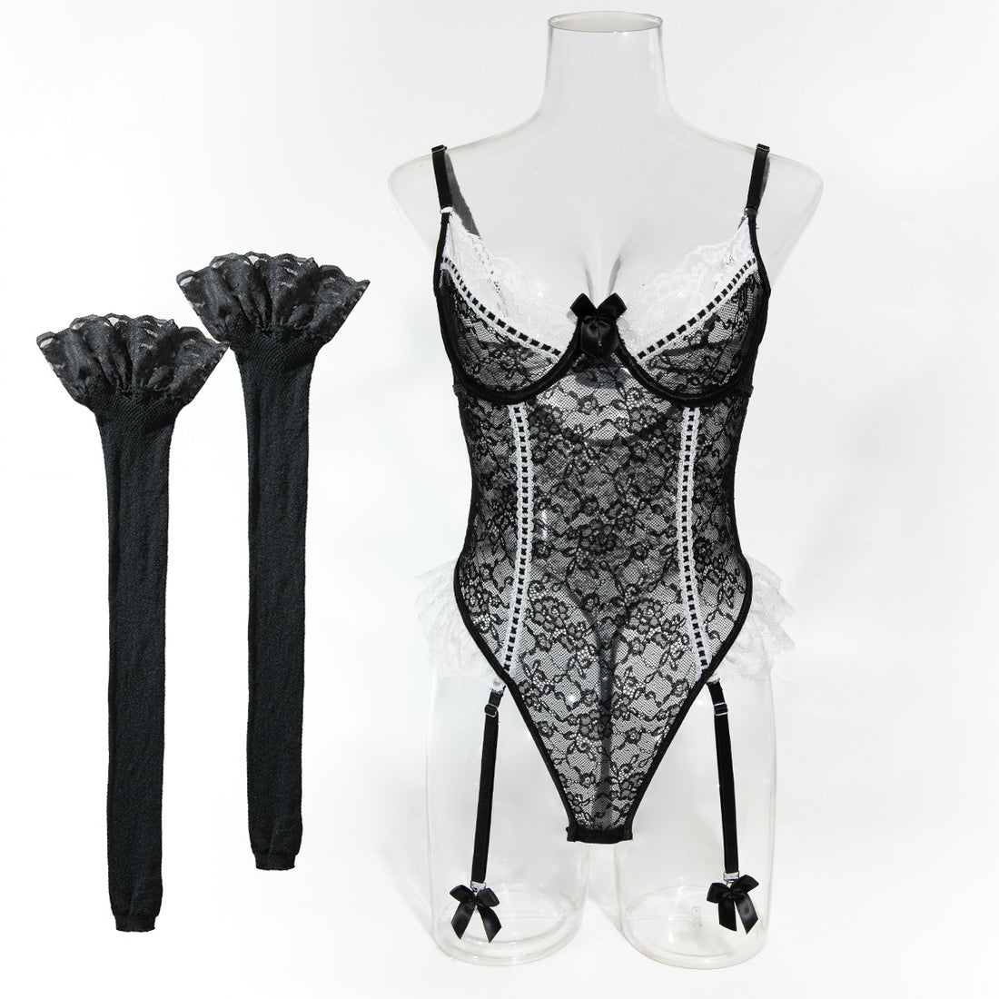 Navy Blue Floral Lace Lingerie Set - Alternate View