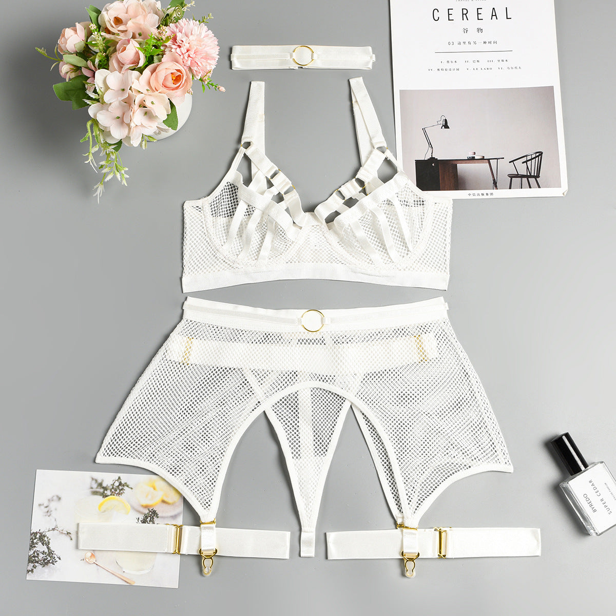 Mesh Lace Four-Piece Lingerie Set - Secret Hour lingerie