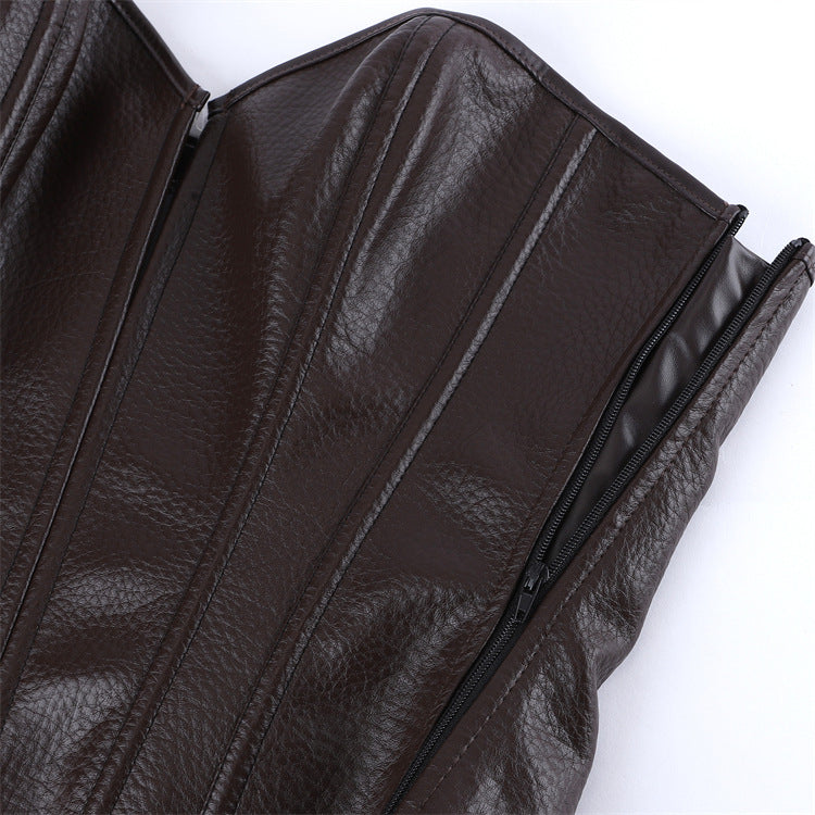 Brown Leather-Look Strapless Corset Top, alternate view 4