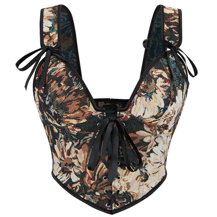 Black Floral Lace-Up Shoulder Corset Top