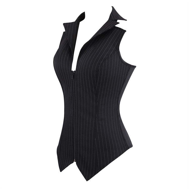 Black Pinstripe Zip-Front Corset Top, alternate view 2
