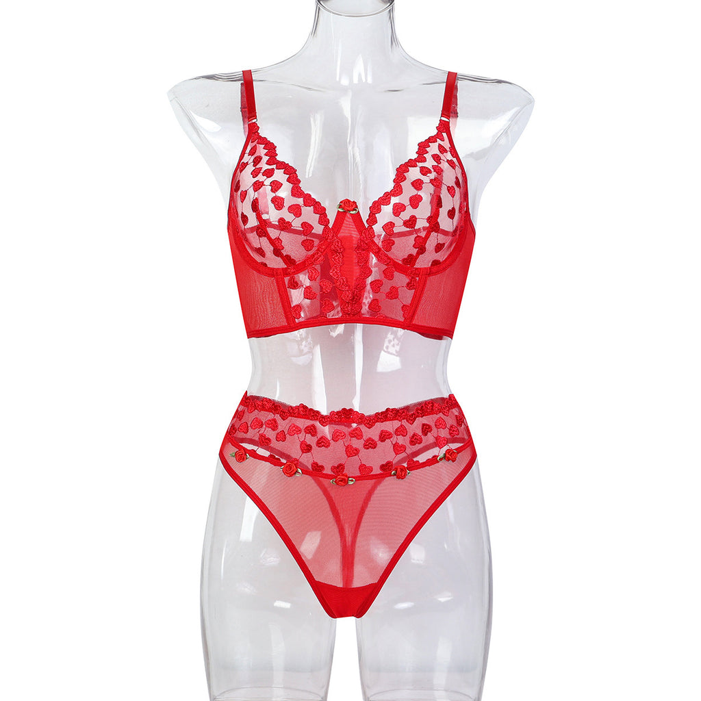 Red Sheer Mesh Two-Piece Lingerie Set - Secret Hour lingerie