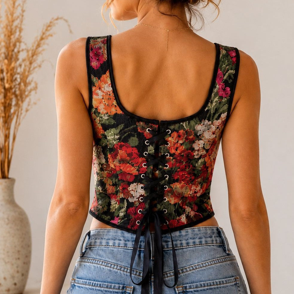 Black Floral Shoulder-Tie Corset Top, alternate view 4