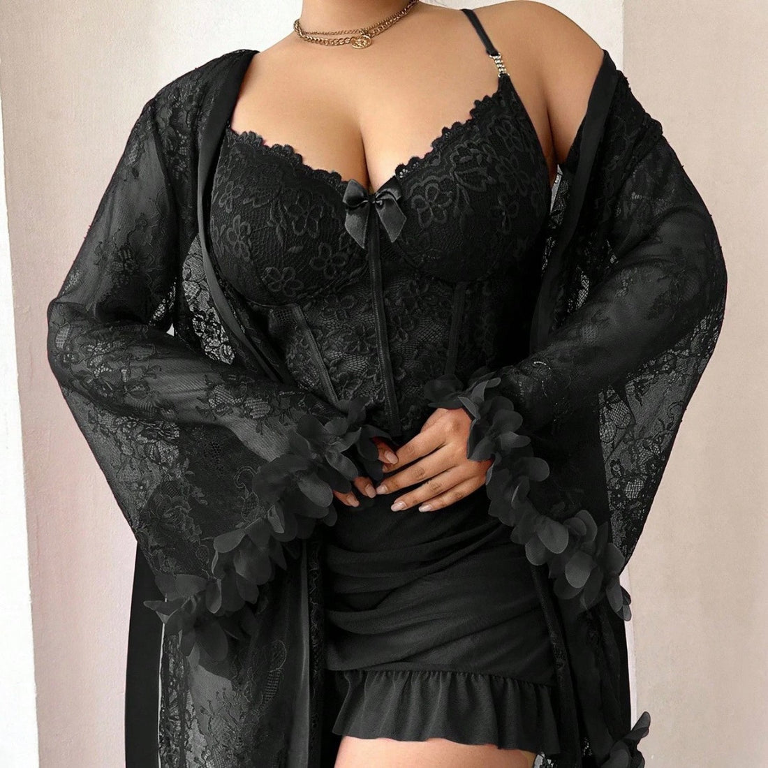 Black Lace Robe Lingerie Set, alternate view 2