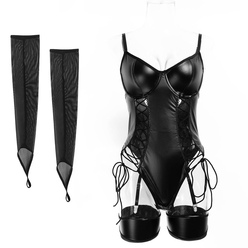 Black Faux Leather Strappy Teddy Bodysuit - Styled View
