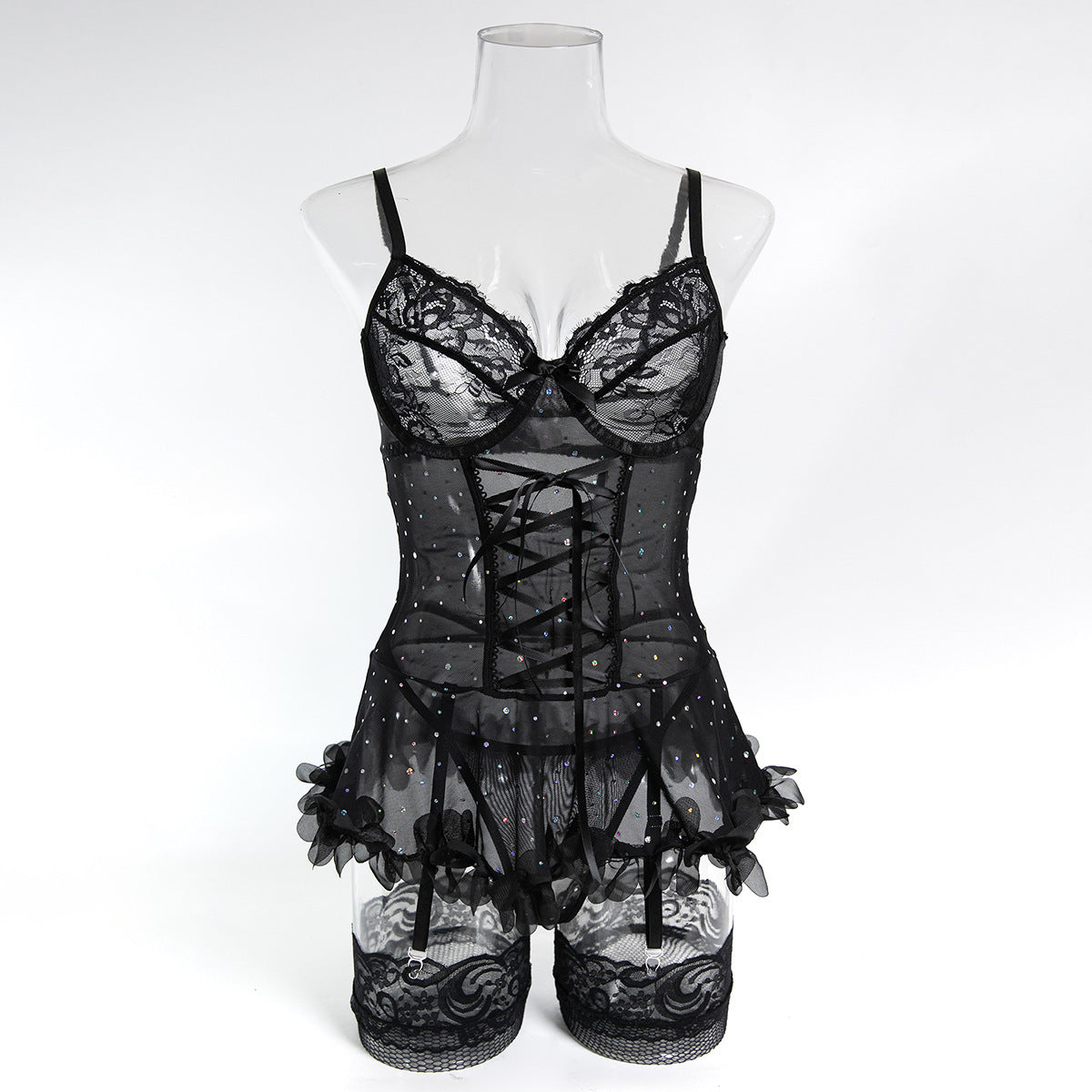 Holiday Lace Three-Piece Lingerie Set - Styled View