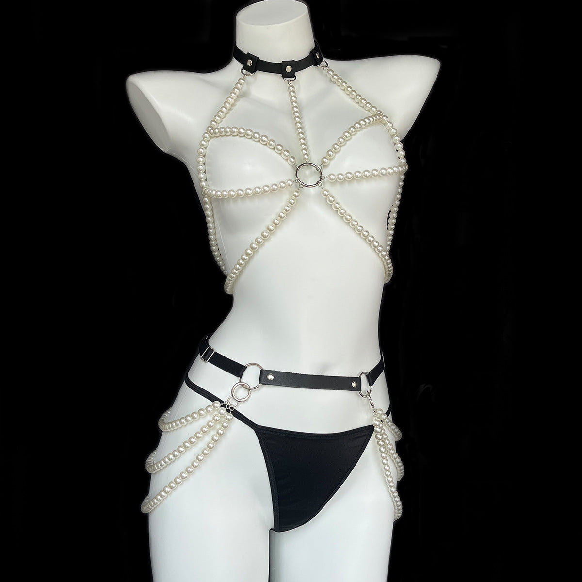 Pearl chain harness lingerie set with strappy body detail - front view