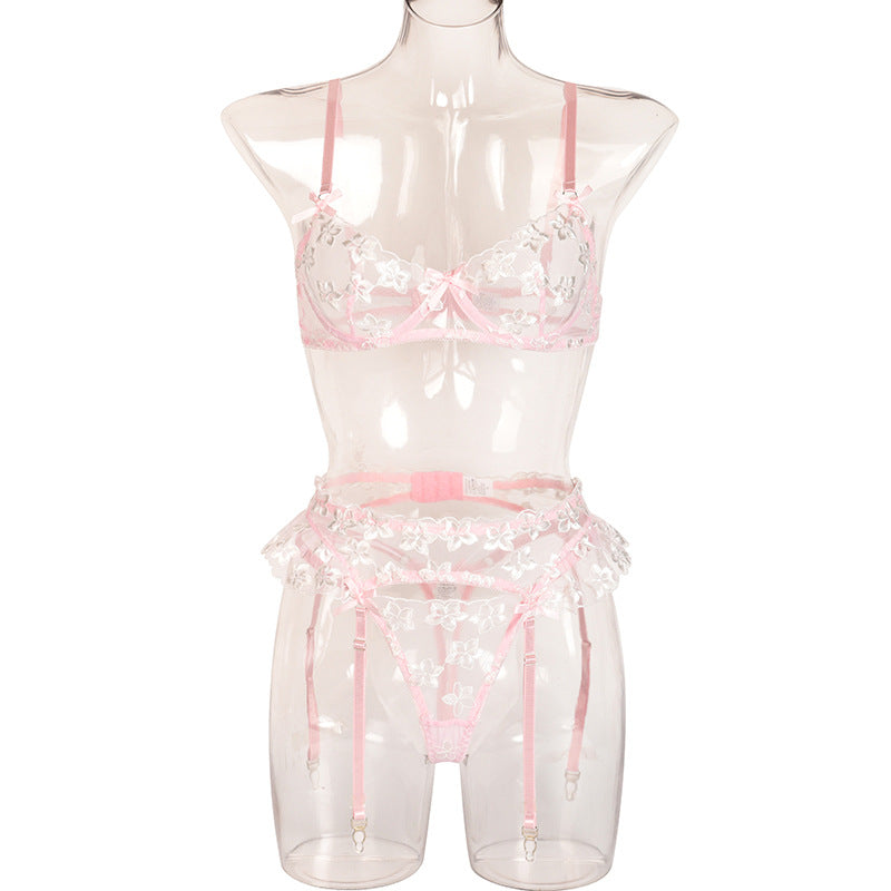 Floral Embroidered Faux Leather Three-Piece Lingerie Set - Styled View