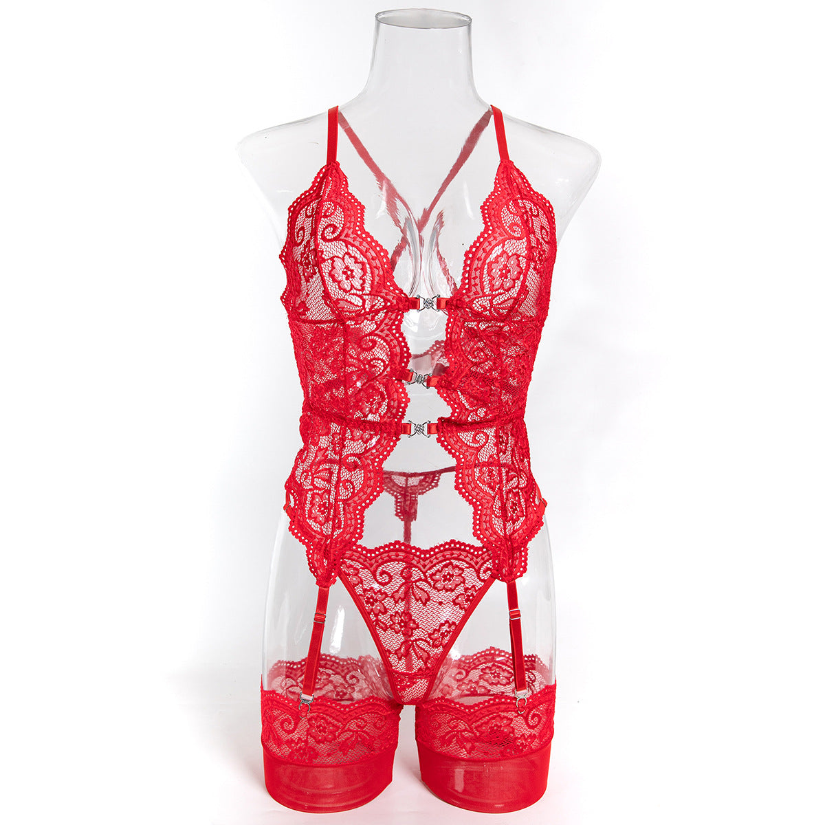 Red Floral Lace Lingerie Set - Alternate View