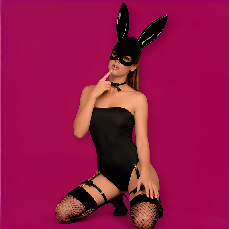 Black Bunny Costume Lingerie Set With Headband and Choker and Stockings - Alternate View