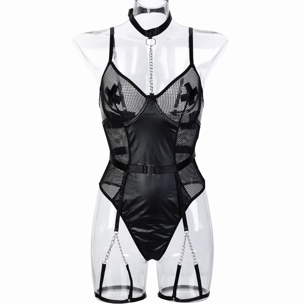 Strappy Mesh Faux Leather Teddy Bodysuit - Styled View