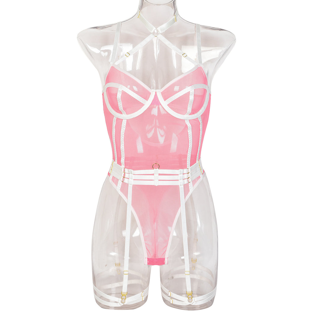 Wine Red Sheer Mesh Teddy Bodysuit - Alternate View