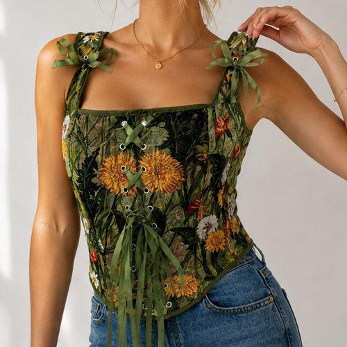 Green Floral Tie-Strap Corset Top, alternate view 2