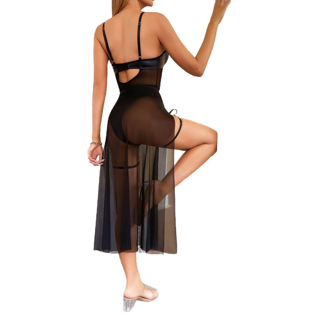 Mesh Faux Leather Two-piece Lingerie Set - Styled View