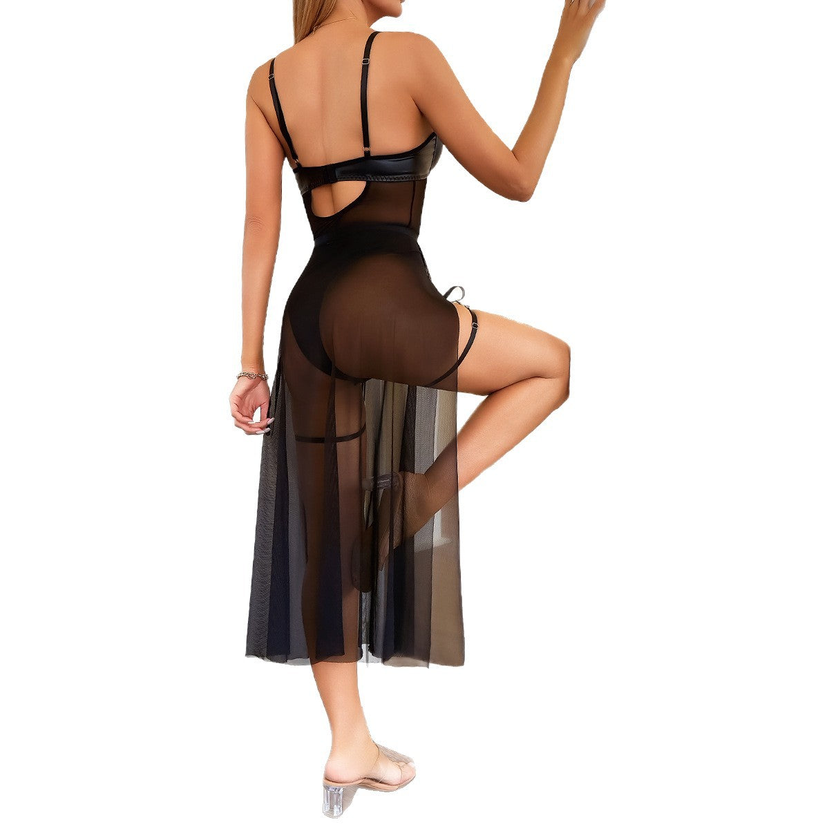 Mesh Faux Leather Two-piece Lingerie Set - Styled View