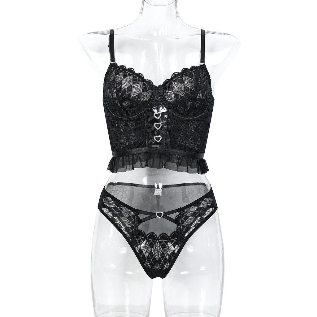 Black lace-up bustier and thong lingerie set - alternate view