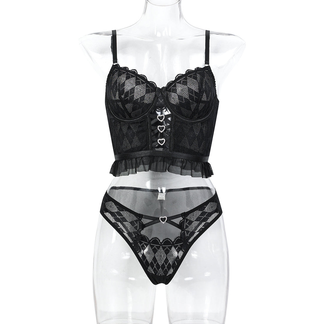 Black lace-up bustier and thong lingerie set - alternate view
