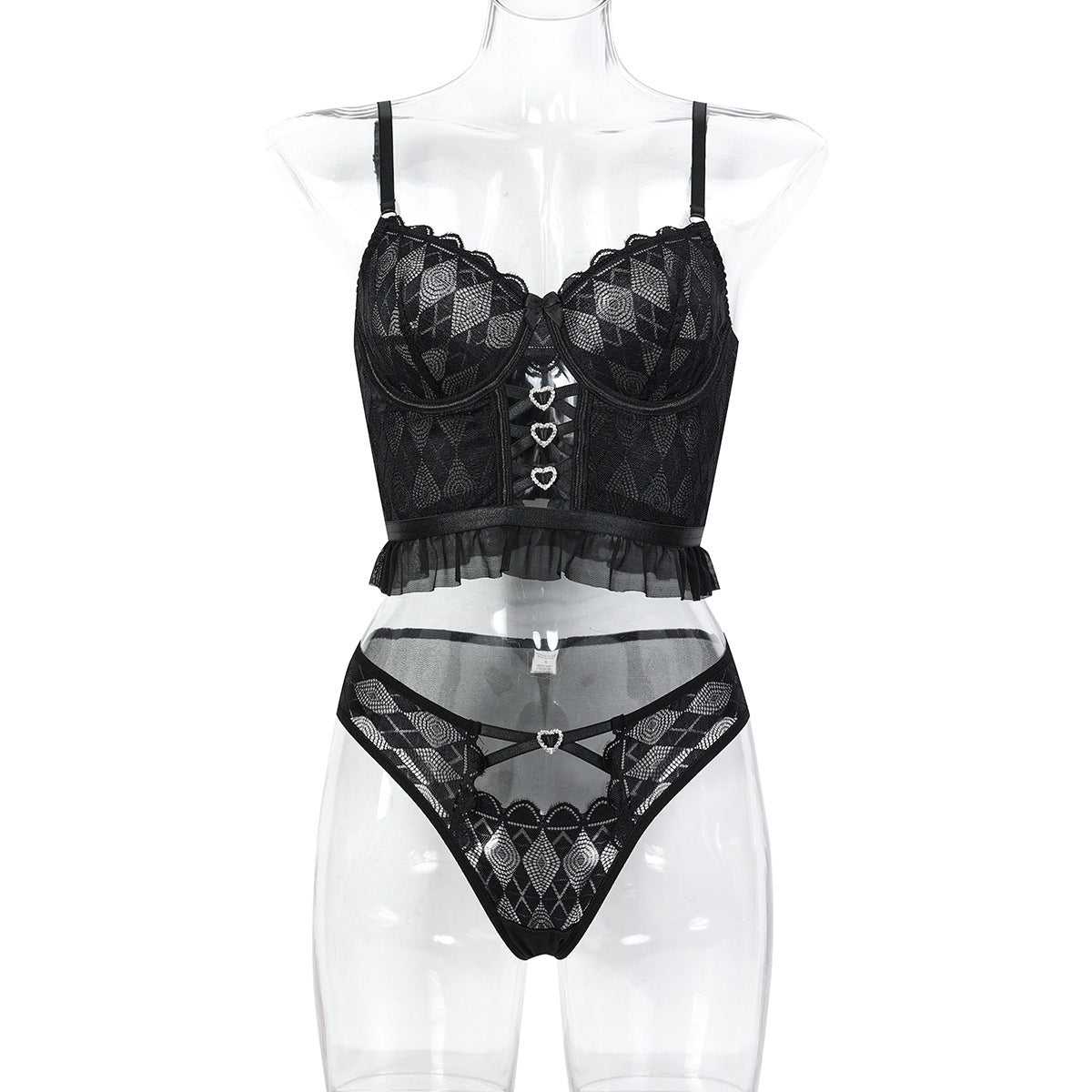 Black lace-up bustier and thong lingerie set - alternate view