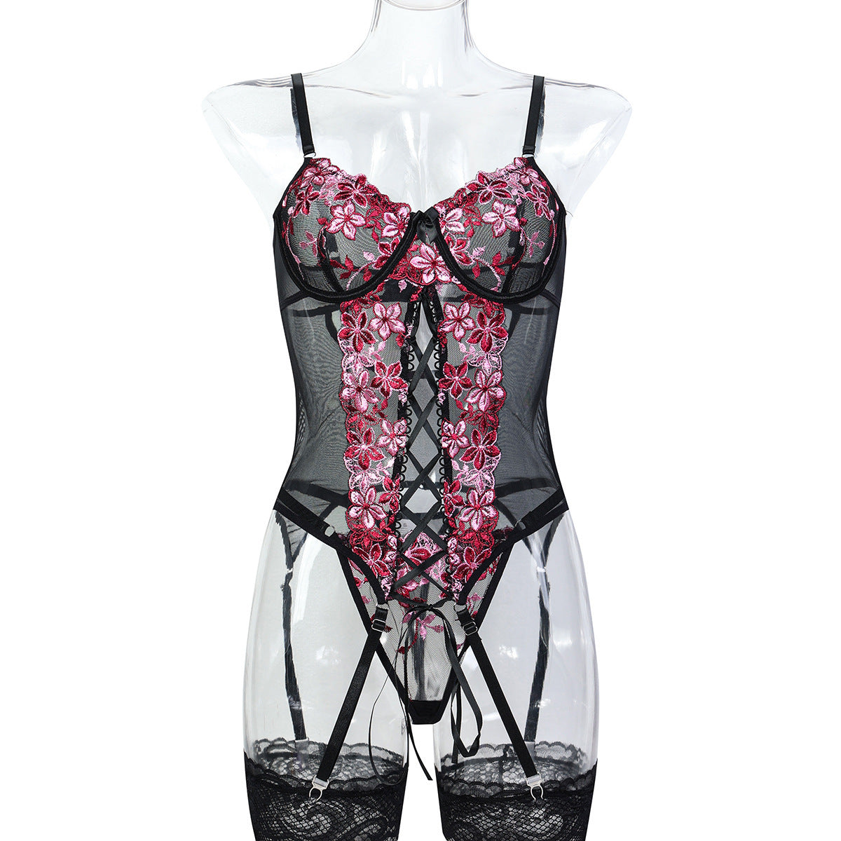 Wine Red Floral Lace Garter Lingerie Set - Alternate View