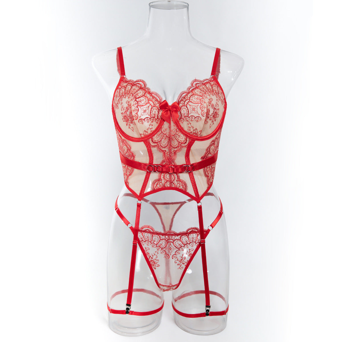 Red Floral Embroidered Three-Piece Lingerie Set - Styled View