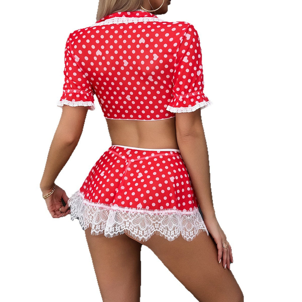 Red Polka Dot Three-Piece Lingerie Set - Styled View