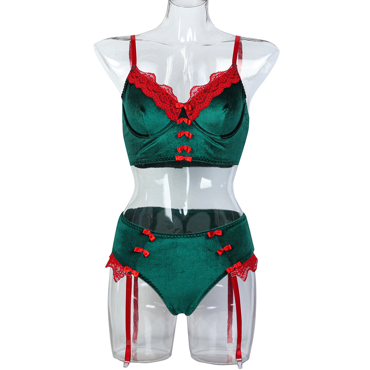 Green and red lace-look bralette and short set - alternate view