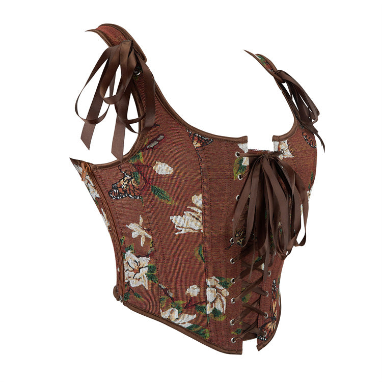Brown Floral Tie-Strap Corset Top, alternate view 3