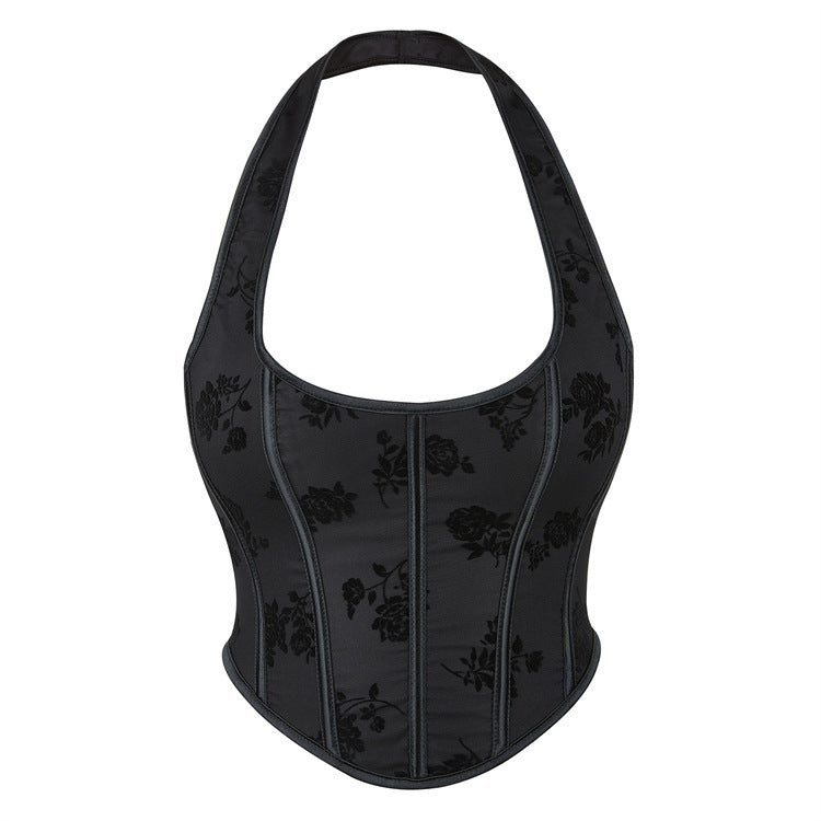 Black Jacquard Halter Corset Top
