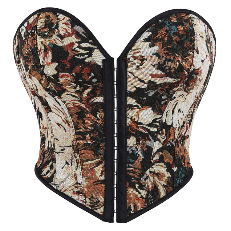 Black Floral Tapestry Back-Zip Corset Top