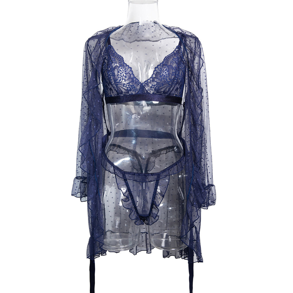Polka Dot Lace Three-Piece Lingerie Set - Styled View