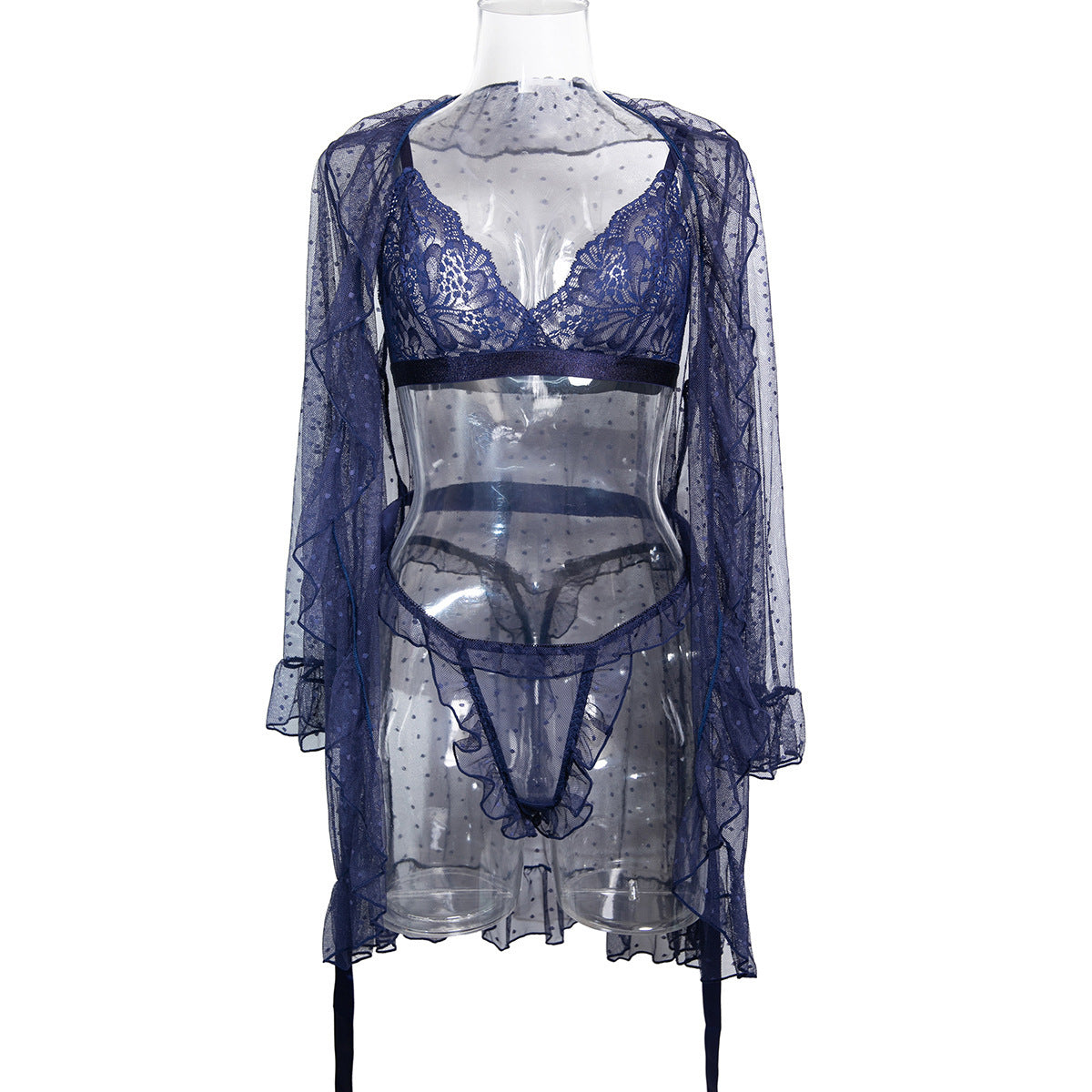 Polka Dot Lace Three-Piece Lingerie Set - Styled View