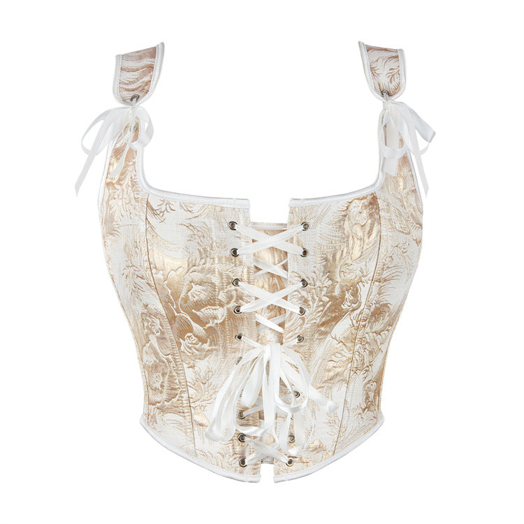 Ivory Floral Lace-Up Corset Top
